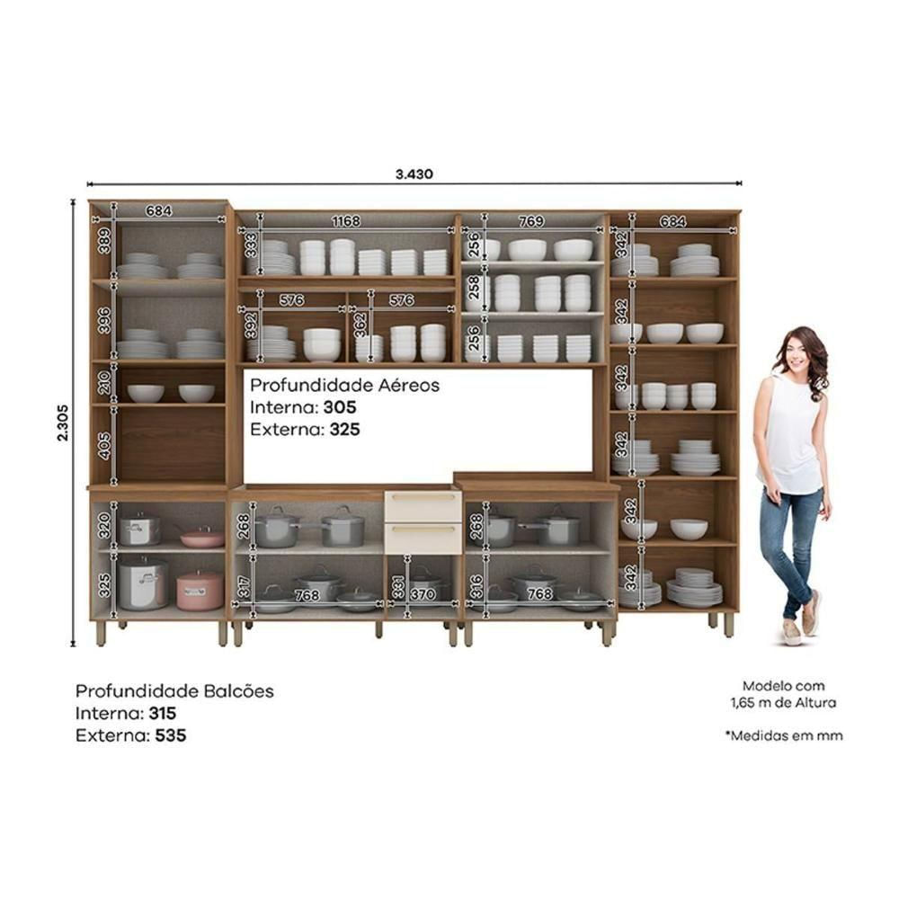 Cozinha Modulada Completa Requinte 7 Peças 2 Aéreos + 2 Balcões+ 2 Paneleiros + 1 Complemento Cz101 Nature Areia