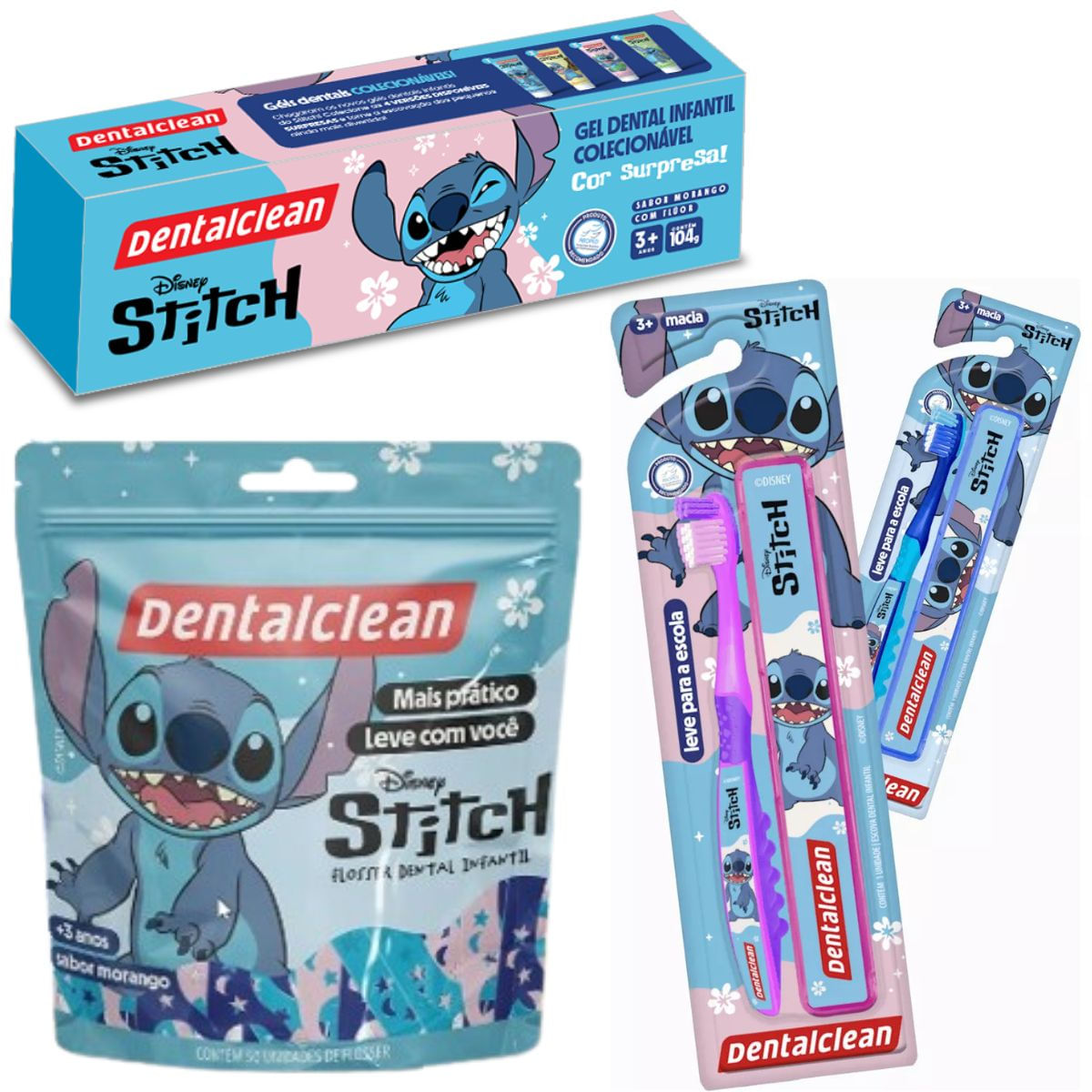 GEL DENTAL + ESCOVA DE DENTE + FLOSSER -STITCH - DENTALCLEAN