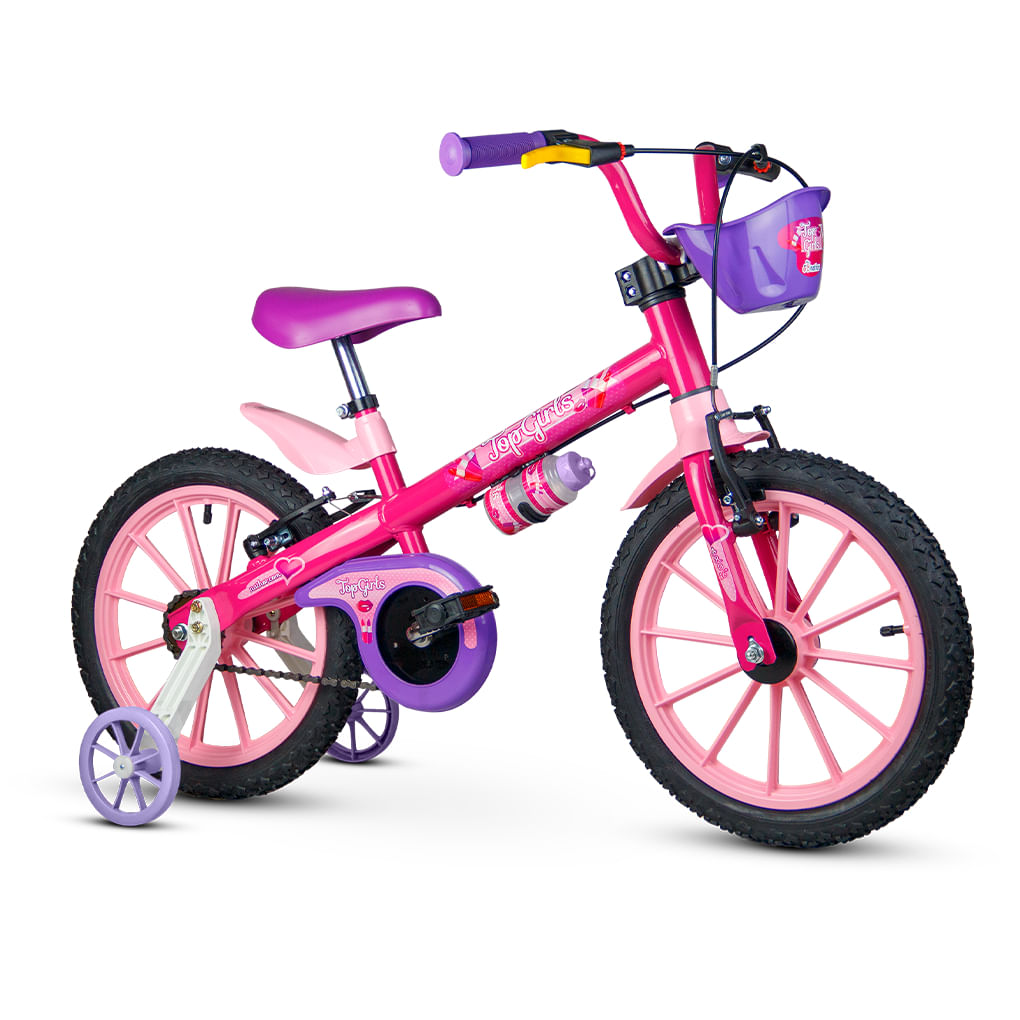 Bicicleta Infantil Aro 16 Com Rodinhas De Treinamento Nathor Bike Criança Menina Top Girls Rosa Com Garrafinha