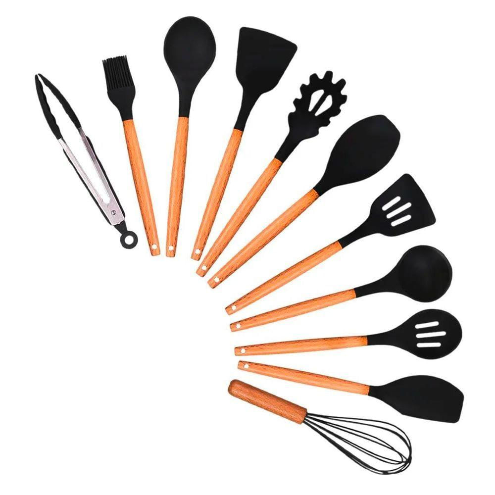 Jogo 12 Utensílios Talheres Silicone Cozinha Cabo De Madeira