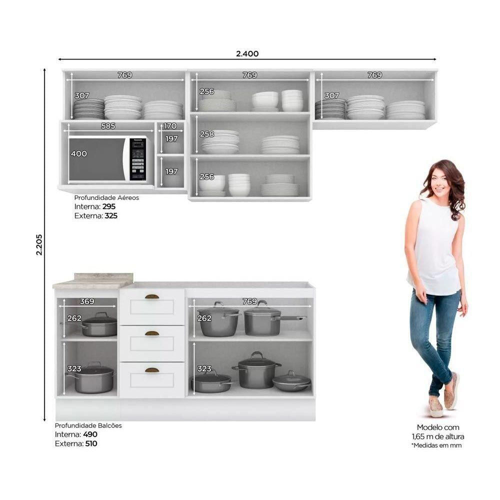 Kit Cozinha Modulada 7 Peças Americana 4 Aéreos + 2 Balcões + 1 Complemento Sem Pia Cz142 Branco