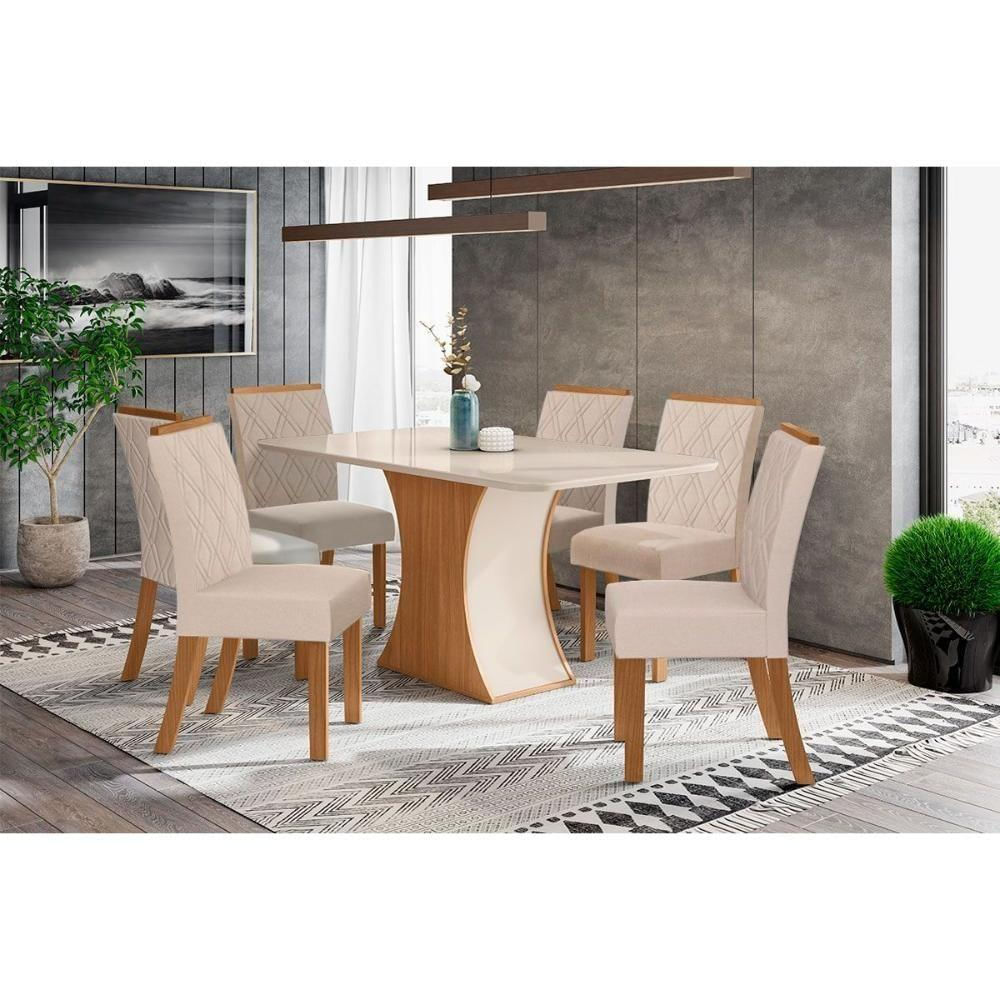 Conjunto Mesa De Cozinha Luiza Com Tampo De Vidro 160x90cm E 6 Cadeiras Vita Nature Off White Linho Bege Henn