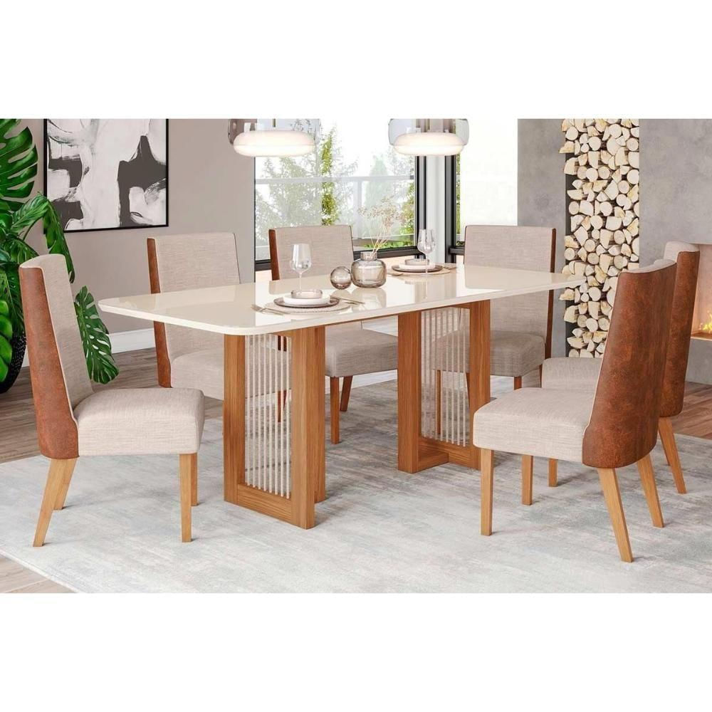 Conjunto Mesa De Cozinha Yara Com Tampo Madeirado Com Vidro Curvo 200x90cm E 6 Cadeiras Anne Nature Courano Linho Henn