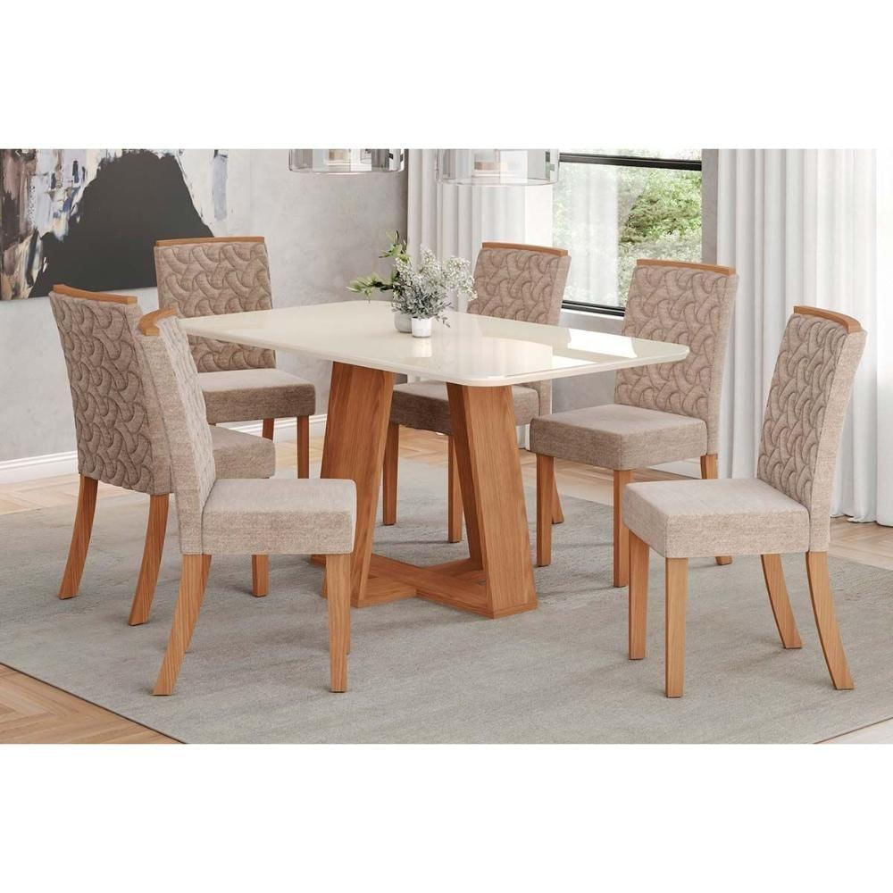 Conjunto Mesa Sala Jantar Lins Com Tampo Madeirado Com Vidro Curvo 160x90cm E 6 Cadeiras Esther Nature Linho Creme Henn