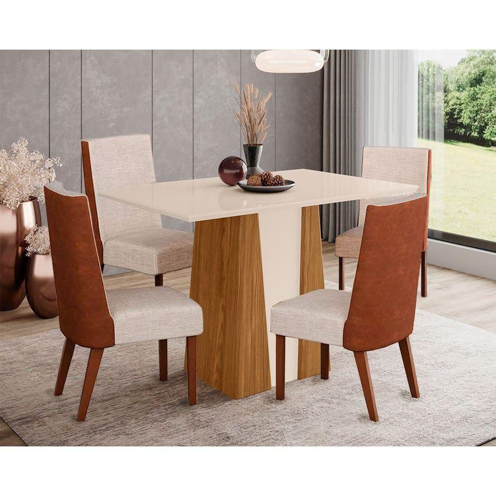 Conjunto Mesa Sala Jantar Orus Tampo Madeirado Com Vidro 120x80cm E 4 Cadeiras Anne Nature Courano Linho Henn