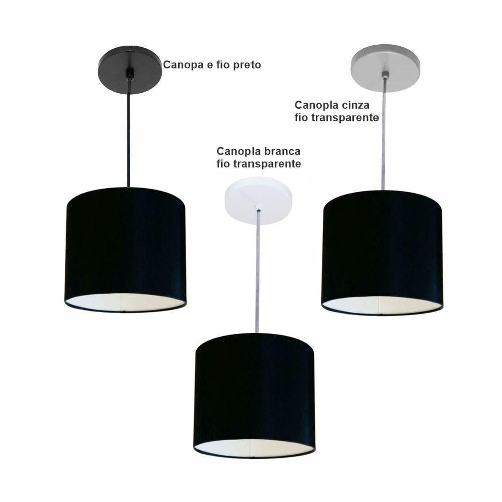 Luminária Pendente Vivare Free Lux Md-4105 Cúpula Em Tecido Preta Da Canopla Canopla Cinza E Fio Cristal