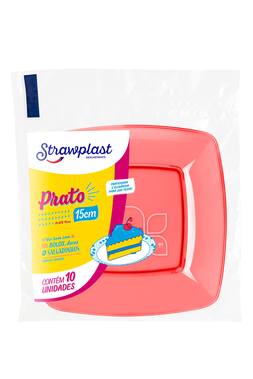 Prato Descartável Strawplast Quadrado 15cm com 10 Unidades Vermelho