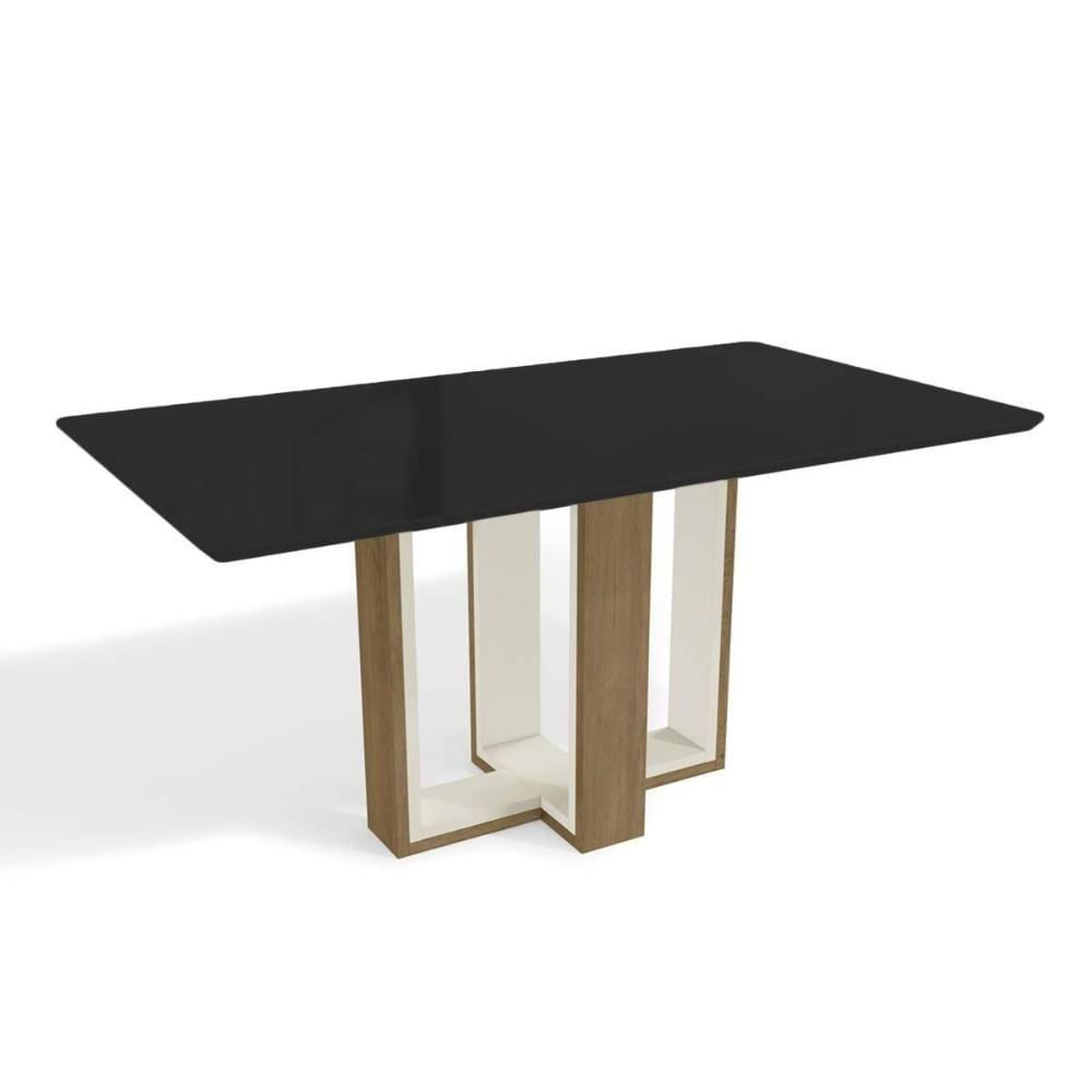 Mesa Para Cozinha Centella Com Tampo Madeirado Com Vidro 90x180cm Freijo Off White Preto Fosco Vidro Preto Kappesberg