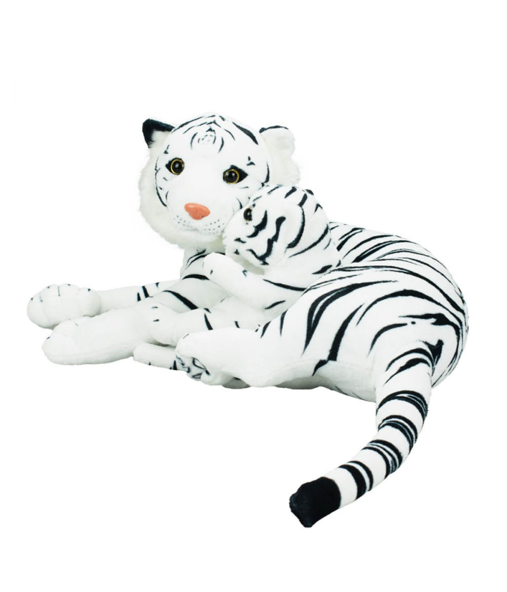 Tigre Branco Mãe Filhote Realista 47cm - Pelúcia - Tudo em Caixa