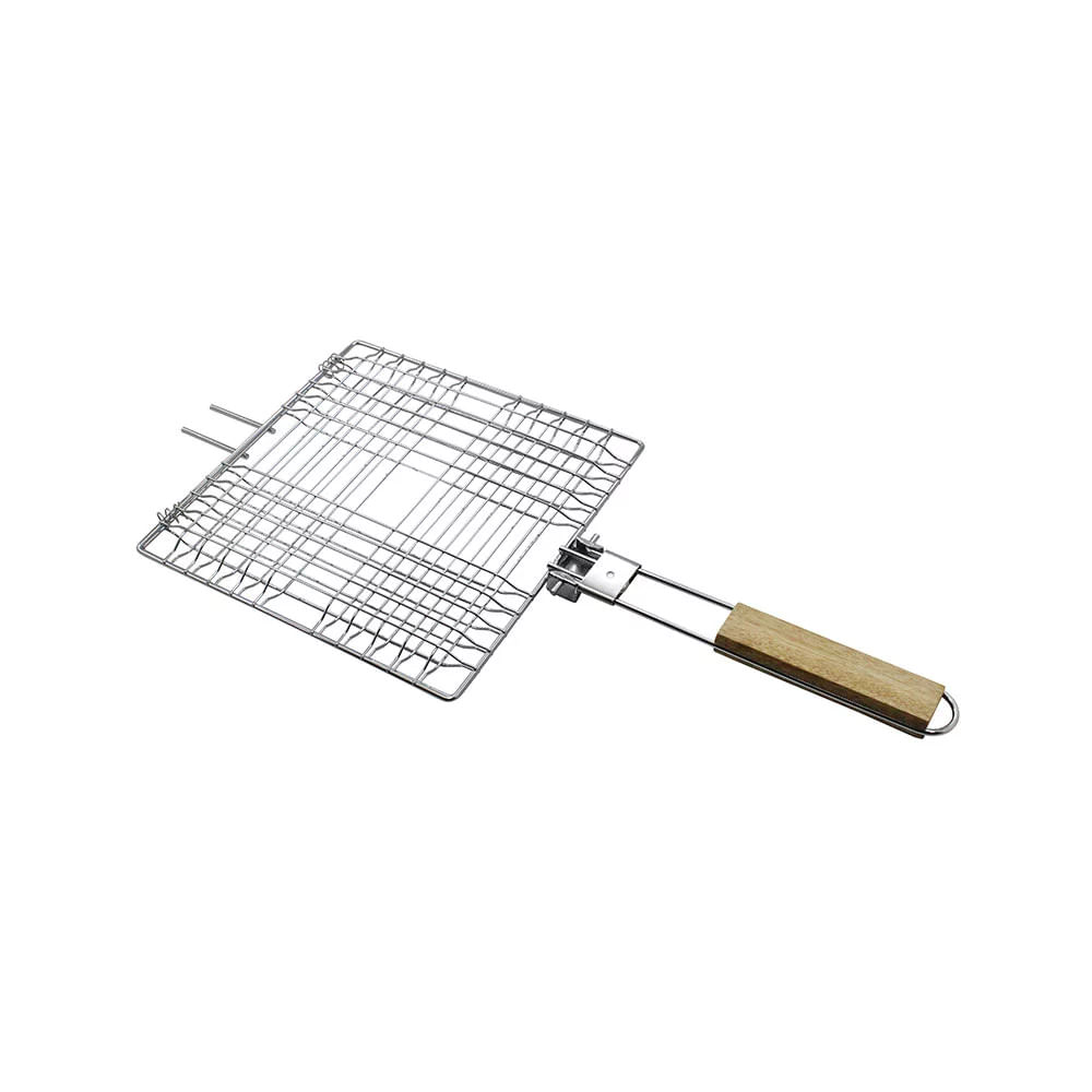 Grelha Retangular Easy Grill Full Fit para Churrasco em Aço Inox com Cabo de Madeira 52x23cm