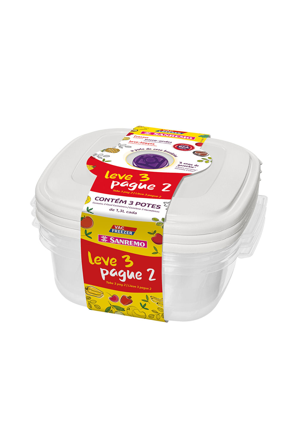 Conjunto de Potes Sanremo Vacfreezer em Plástico Leve 3 Pague 2 1,3L - Item Sortido