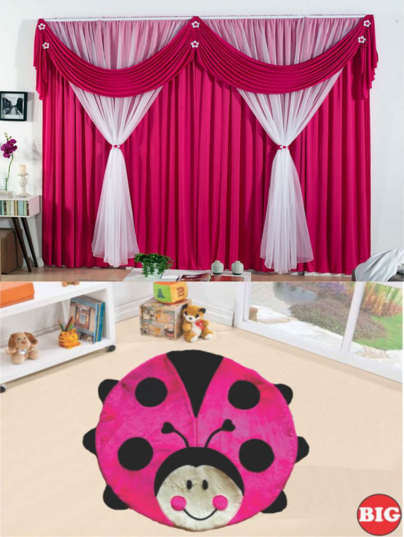 Kit decoração p/ Quarto de Menina = Cortina Malha Jéssica + Tapete Pelucia Big  Joaninha - Pink