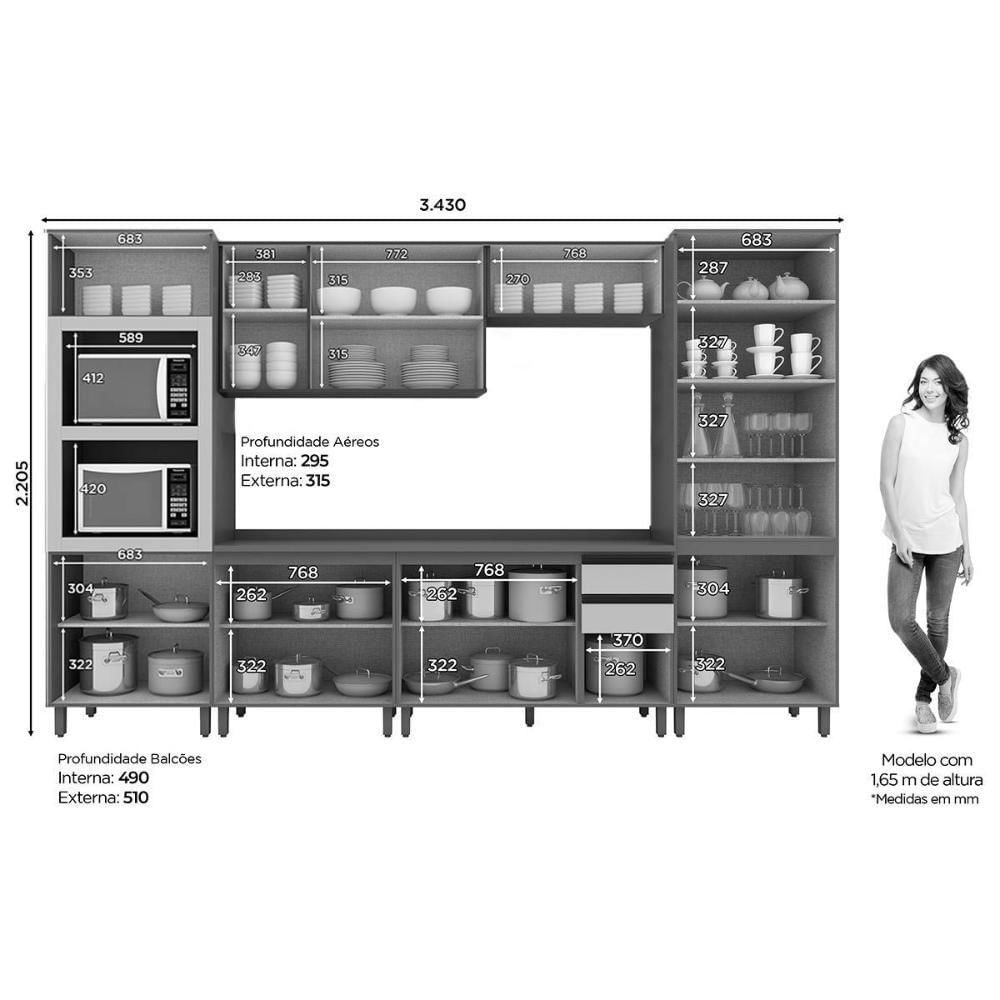 Cozinha Modulada Connect 7 Peças 2 Aéreos + 2 Balcões+ 2 Paneleiros + 1 Complemento C5p96 Duna Cristal2 Aéreos + 1 Balcão + 1 Complemento