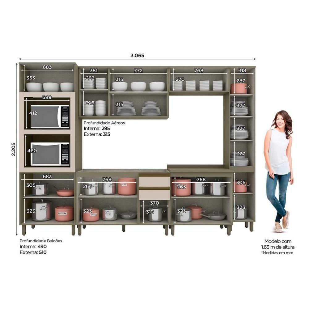 Cozinha Modulada Connect 7 Peças 2 Aéreos + 2 Balcões+ 2 Paneleiros + 1 Complementoc6p20 Duna Cristal2 Aéreos + 1 Balcão + 1 Complemento