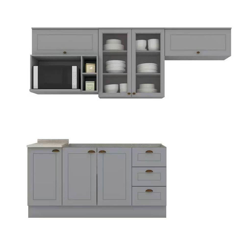 Kit Cozinha Modulada 7 Peças Americana 4 Aéreos + 2 Balcões + 1 Complemento Sem Pia Cz140 Cinza