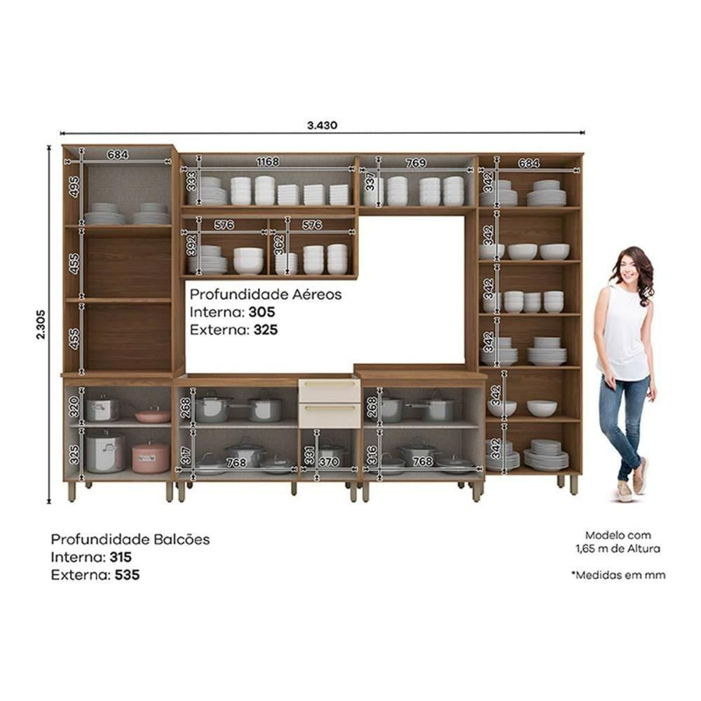 Cozinha Modulada Completa Requinte 7 Peças 2 Aéreos + 2 Balcões+ 2 Paneleiros + 1 Complemento Cz103 Nature Nature Areia