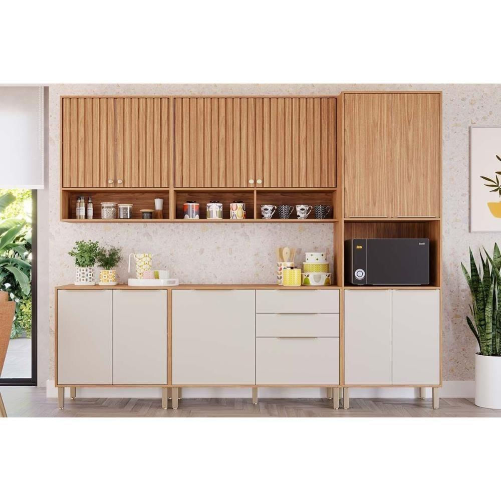 Cozinha Modulada Completa Divina 5 Peças 2 Aéreos + 2 Balcões + 1 Paneleiro Cz001 Freijó Off White