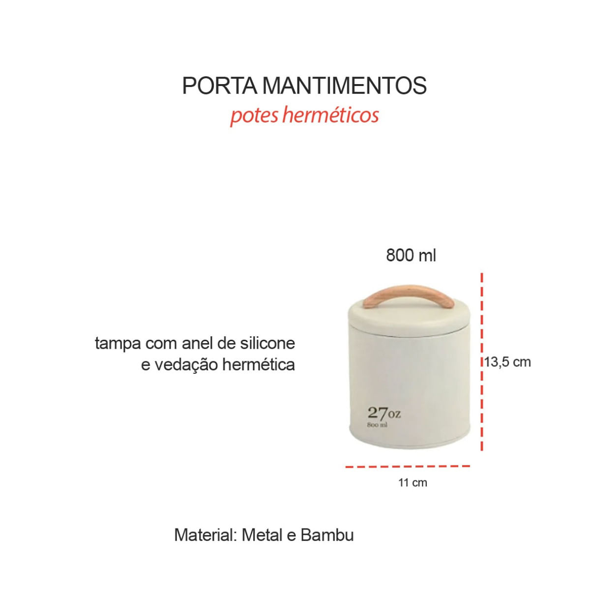 Porta Mantimentos Pote Metal Bambu Bege Gelo 800ml