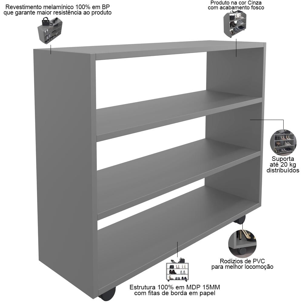 Sapateira Multiuso Organizador Com 03 Prateleiras E Rodizio Pérola L03 Cinza - Lyam