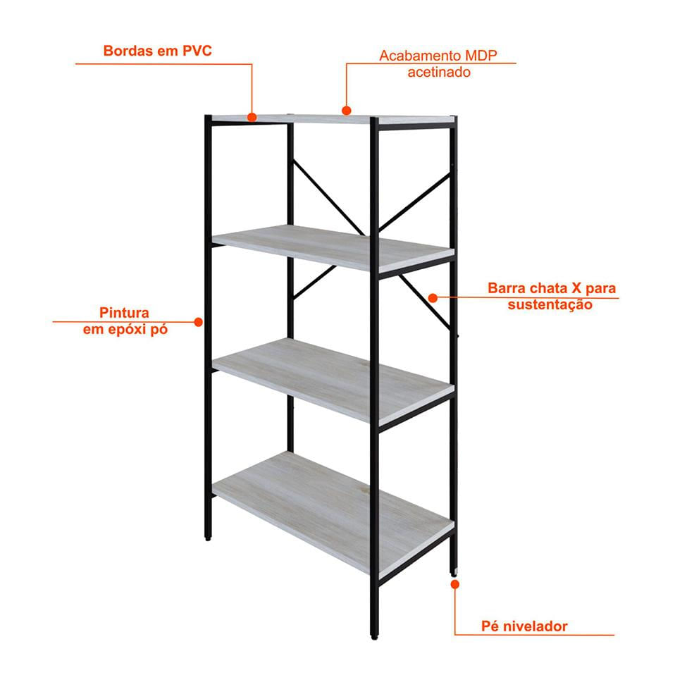 Estante com 4 Prateleiras Tub Snow e Preta 60 cm