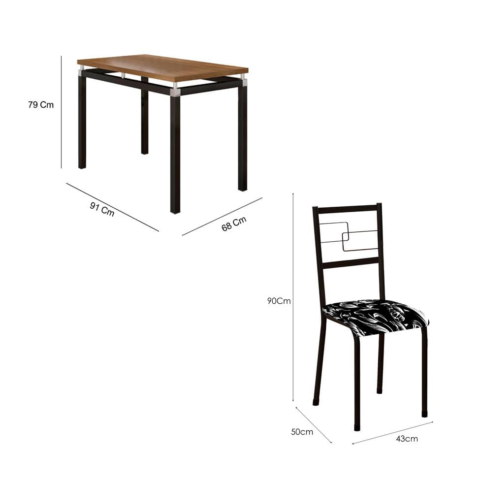 Conjunto de Mesa Retangular com Tampo de MDP Marrom Copenhague e 4 Cadeiras Monterrey Revestimento Sintético Florido Preto e Branco