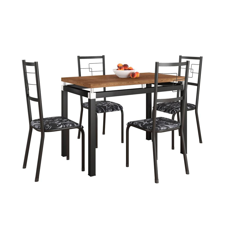 Conjunto de Mesa Retangular com Tampo de MDP Marrom Copenhague e 4 Cadeiras Monterrey Revestimento Sintético Florido Preto e Branco