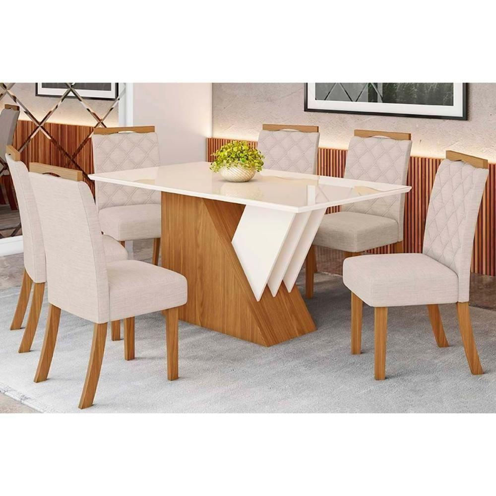 Conjunto Mesa Sala Jantar Epic Tampo Madeirado Com Vidro 160x90cm E 6 Cadeiras Bella Nature Linho Henn