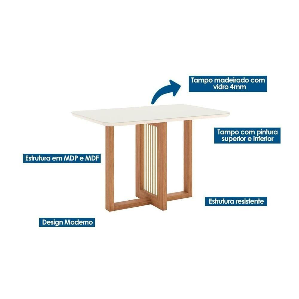 Conjunto Mesa De Cozinha Natalí Com Tampo Madeirado Com Vidro Curvo 120x80cm E 4 Cadeiras Malu Nature Linho Henn