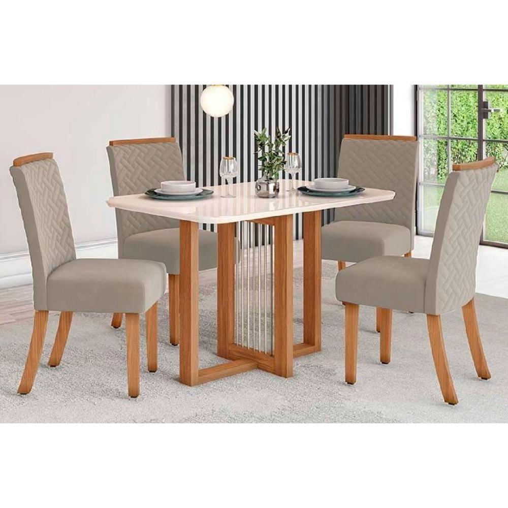 Conjunto Mesa De Cozinha Natalí Com Tampo Madeirado Com Vidro Curvo 120x80cm E 4 Cadeiras Malu Nature Linho Henn