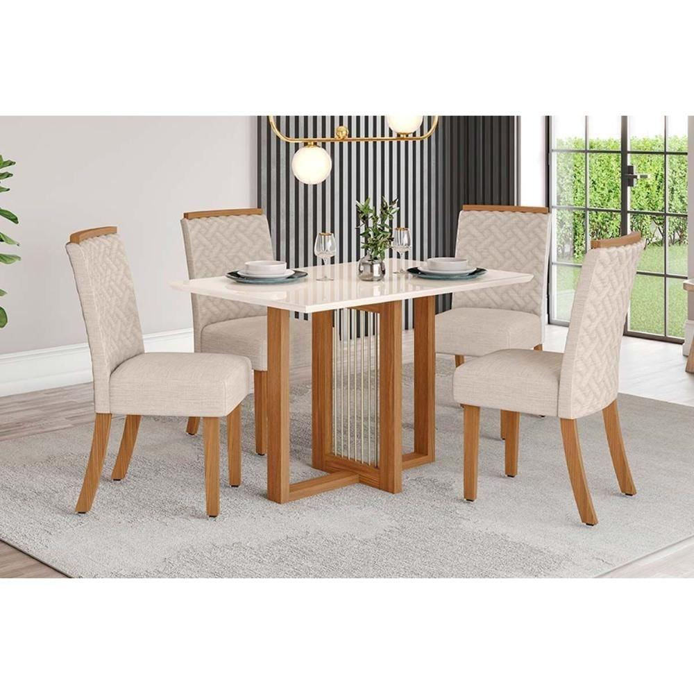 Conjunto Mesa Sala Jantar Natalí Com Tampo Madeirado Com Vidro Reto 120x80cm E 4 Cadeiras Malu Nature Linho Henn