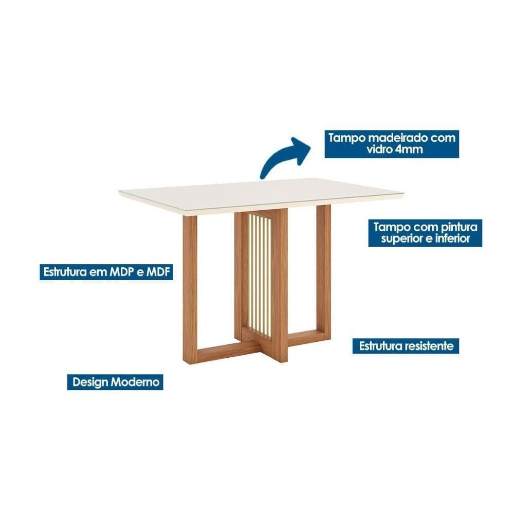 Conjunto Mesa Sala Jantar Natalí Com Tampo Madeirado Com Vidro Reto 120x80cm E 4 Cadeiras Malu Nature Linho Henn