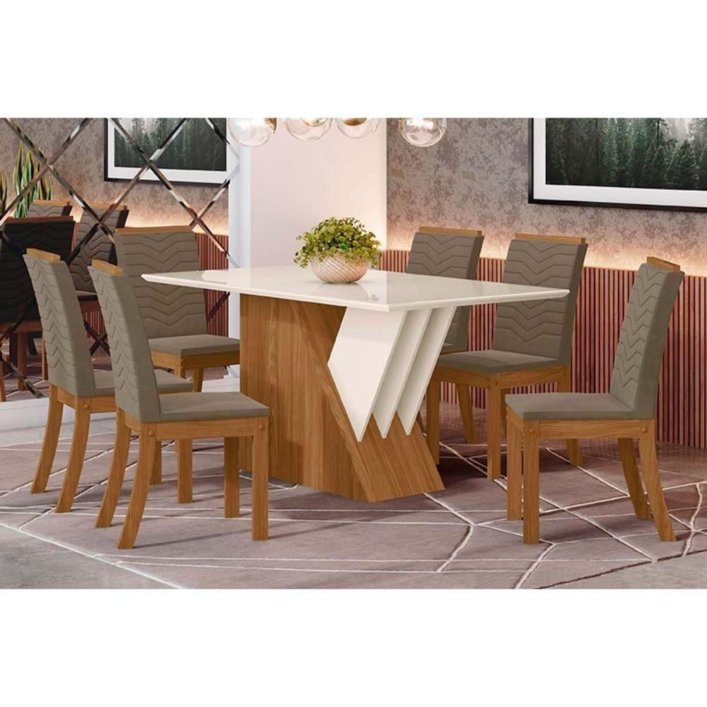 Conjunto Mesa De Cozinha Epic Tampo Madeirado Com Vidro 160x90cm E 6 Cadeiras Isa Nature Suede Light Bege Henn