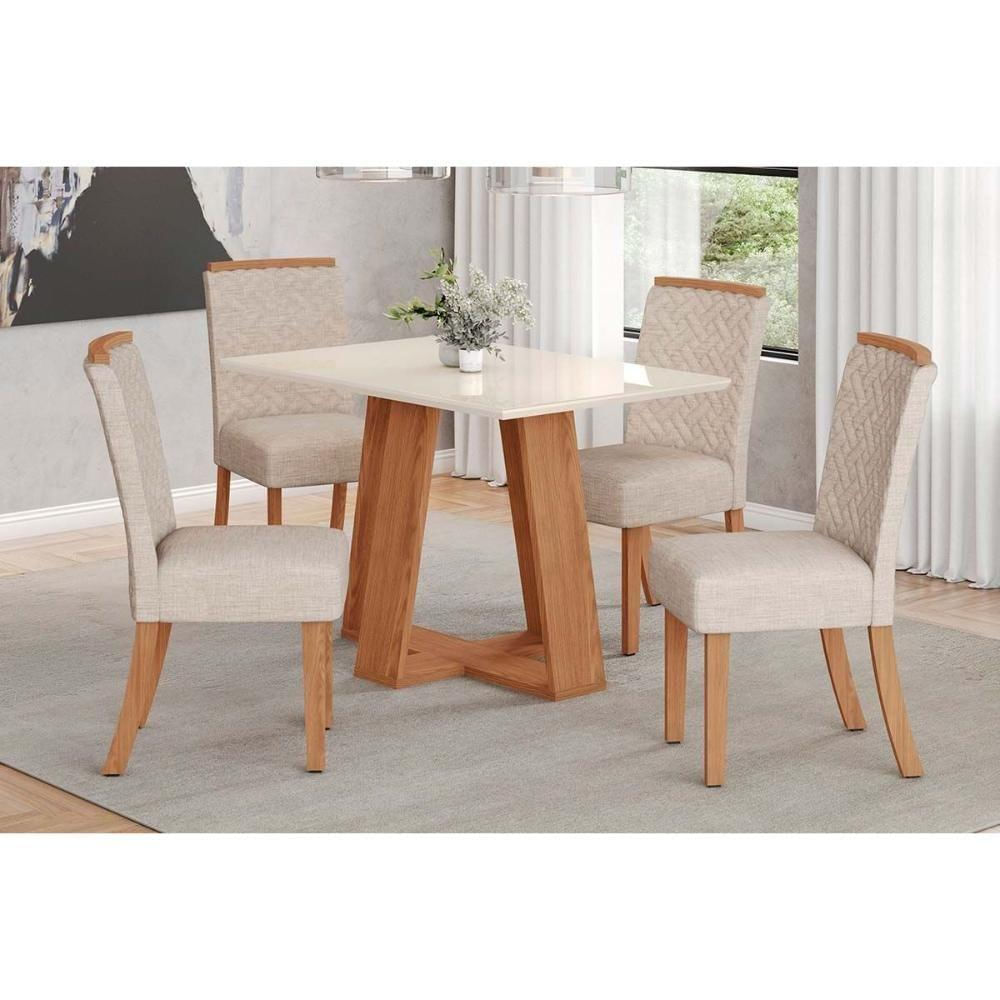 Conjunto Mesa Sala Jantar Lins Com Tampo Reto Madeirado Com Vidro 120x80cm E 4 Cadeiras Malu Nature Linho Henn