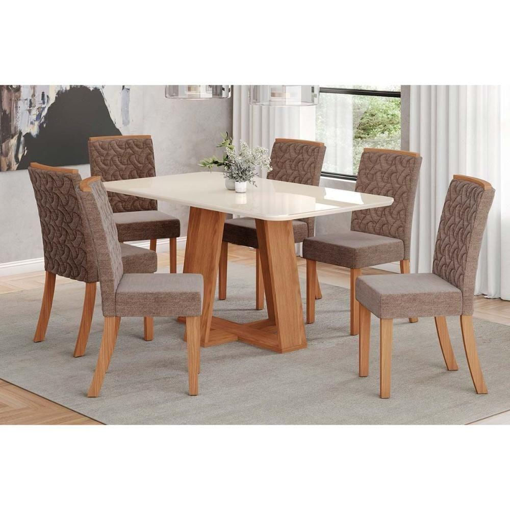 Conjunto Mesa Sala Jantar Lins Com Tampo Madeirado Com Vidro Curvo 160x90cm E 6 Cadeiras Esther Nature Linho Cacao Henn