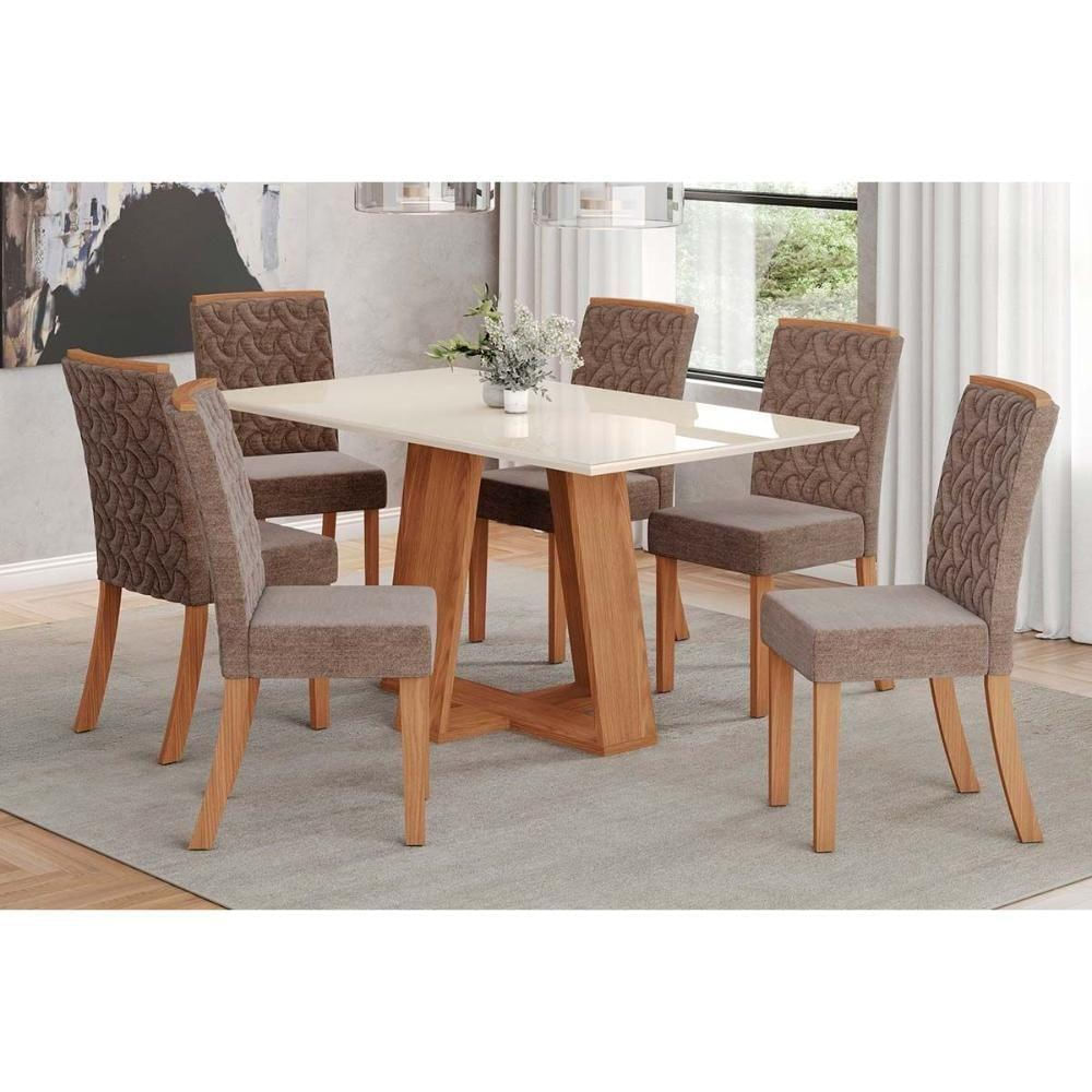 Conjunto Mesa Sala Jantar Lins Com Tampo Madeirado Com Vidro 160x90cm E 6 Cadeiras Esther Nature Linho Cacao Henn