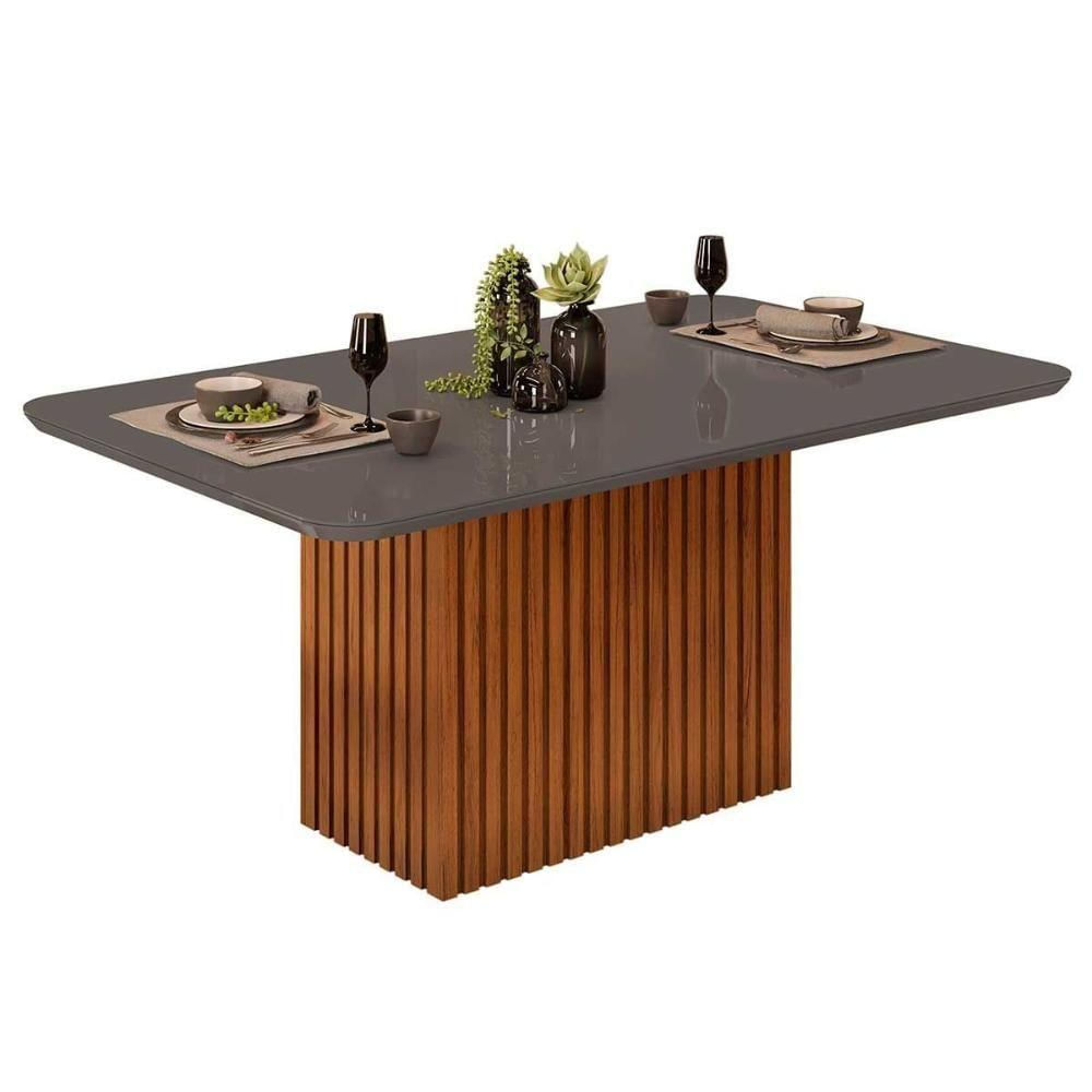 Mesa Para Cozinha Canes Com Tampo Madeirado Com Vidro Curvo 170x90cm Freijo-cinza Urbano Dj Móveis