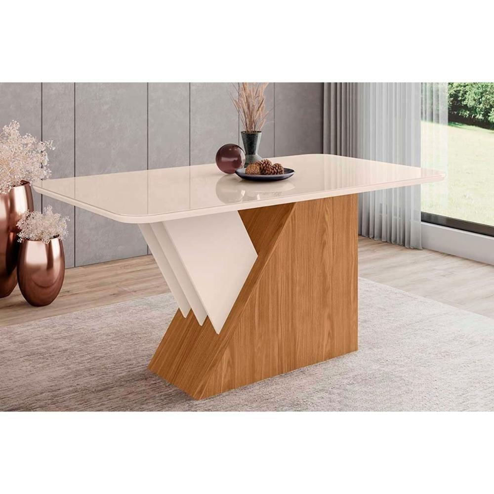 Mesa Para Cozinha Épic Sc87 Com Tampo Madeirado Com Vidro Curvo 180x90cm Nature Off White Henn