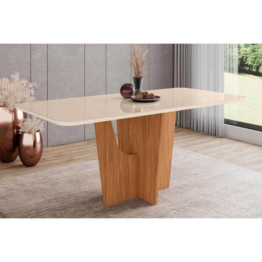 Mesa Para Cozinha Vértice Sc88 Com Tampo Madeirado Com Vidro Curvo 180x90cm Nature Off White Henn