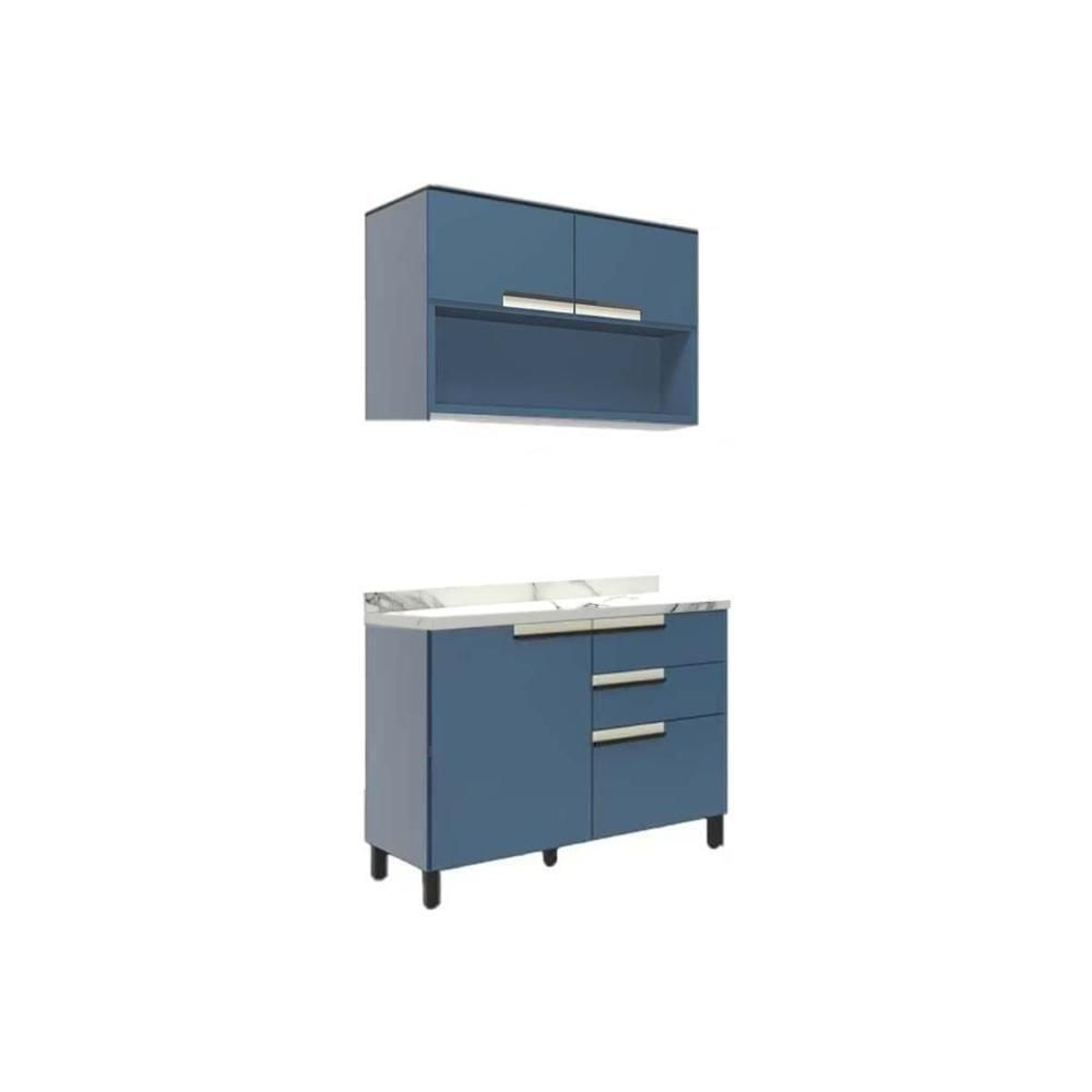Kit Cozinha Modulada 3 Peças Manhattan 1 Aéreo + 1 Balcão + Complemento C3p188 Azul Herval