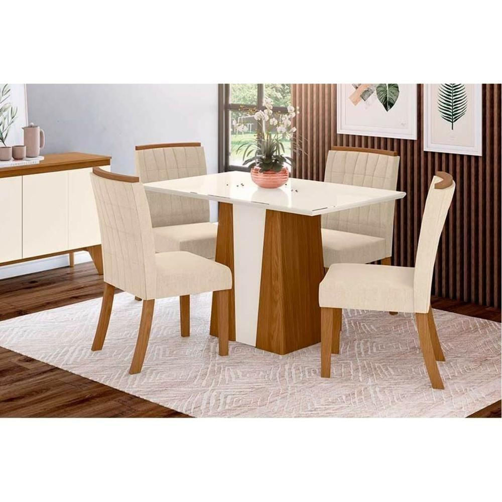 Conjunto Mesa Sala Jantar Orus Com Tampo Madeirado 120x80cm E 4 Cadeiras Tauá Nature Off White Linho Bege Henn