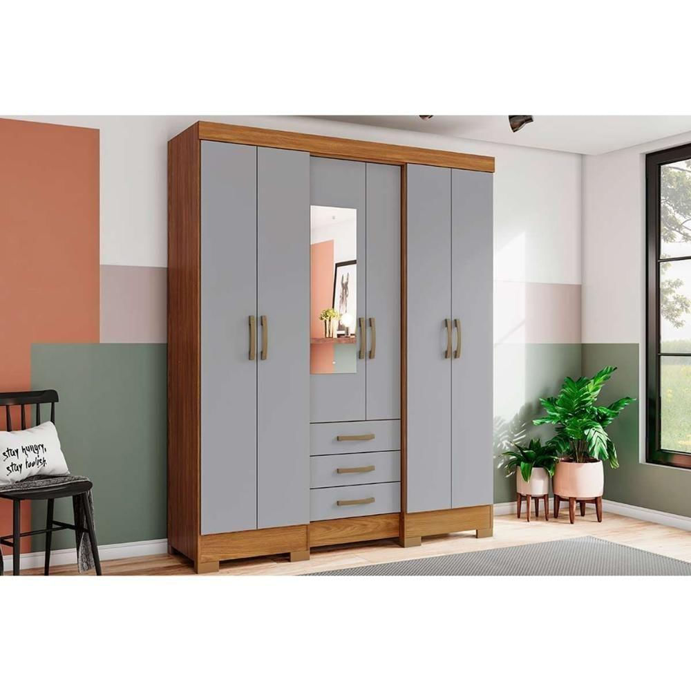 Guarda Roupa Casal 6 Portas (1 C- Espelho) E 3 Gavetas Briz B23 Nature-cinza - Henn