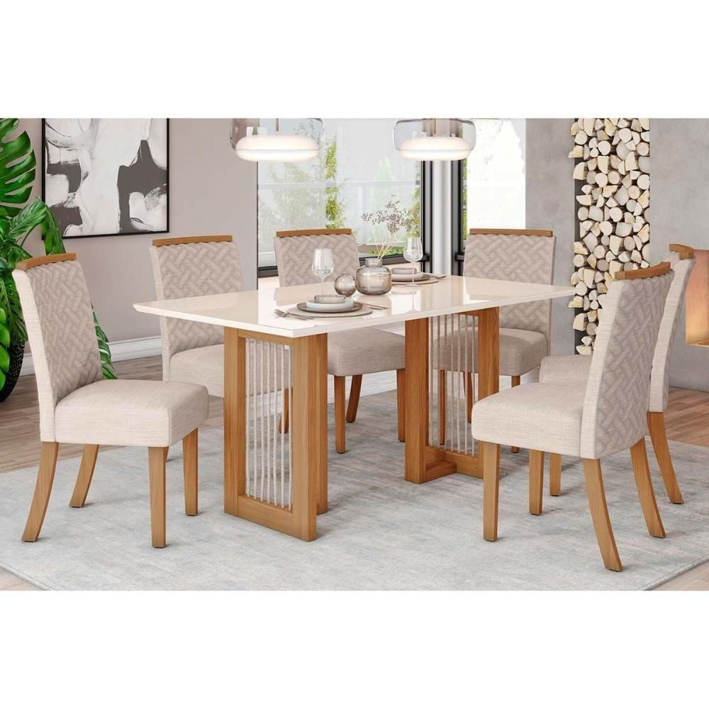 Conjunto Mesa Sala Jantar Yara Com Tampo Madeirado Com Vidro Reto 160x90cm E 6 Cadeiras Malu Nature Linho Henn