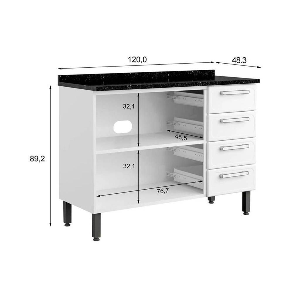 Gabinete Para Pia Cozinha Balcão Com Tampo Evidence 7126 Com 2 Portas E 4 Gavetas 120cm Branco Preto Bertolini