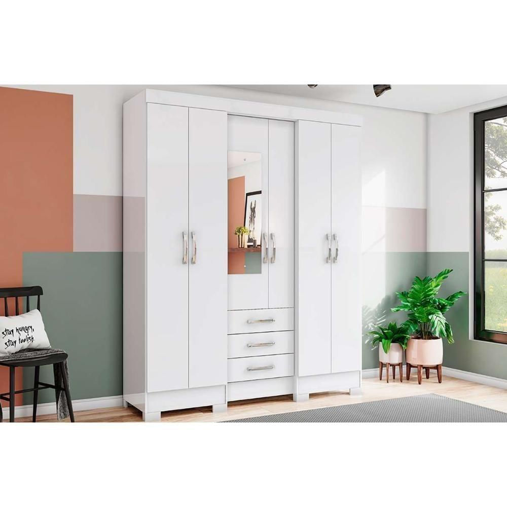 Guarda Roupa Casal 6 Portas (1 C- Espelho) E 3 Gavetas Briz B23 Branco - Henn