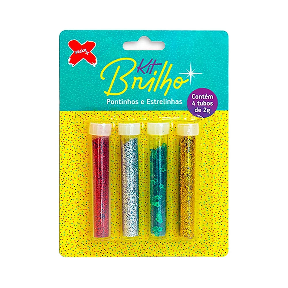 Glitter 8g com Formas de Pontilhos e Estrelinhas 4 Cores Ouro, Prata, Vermelho e Verde