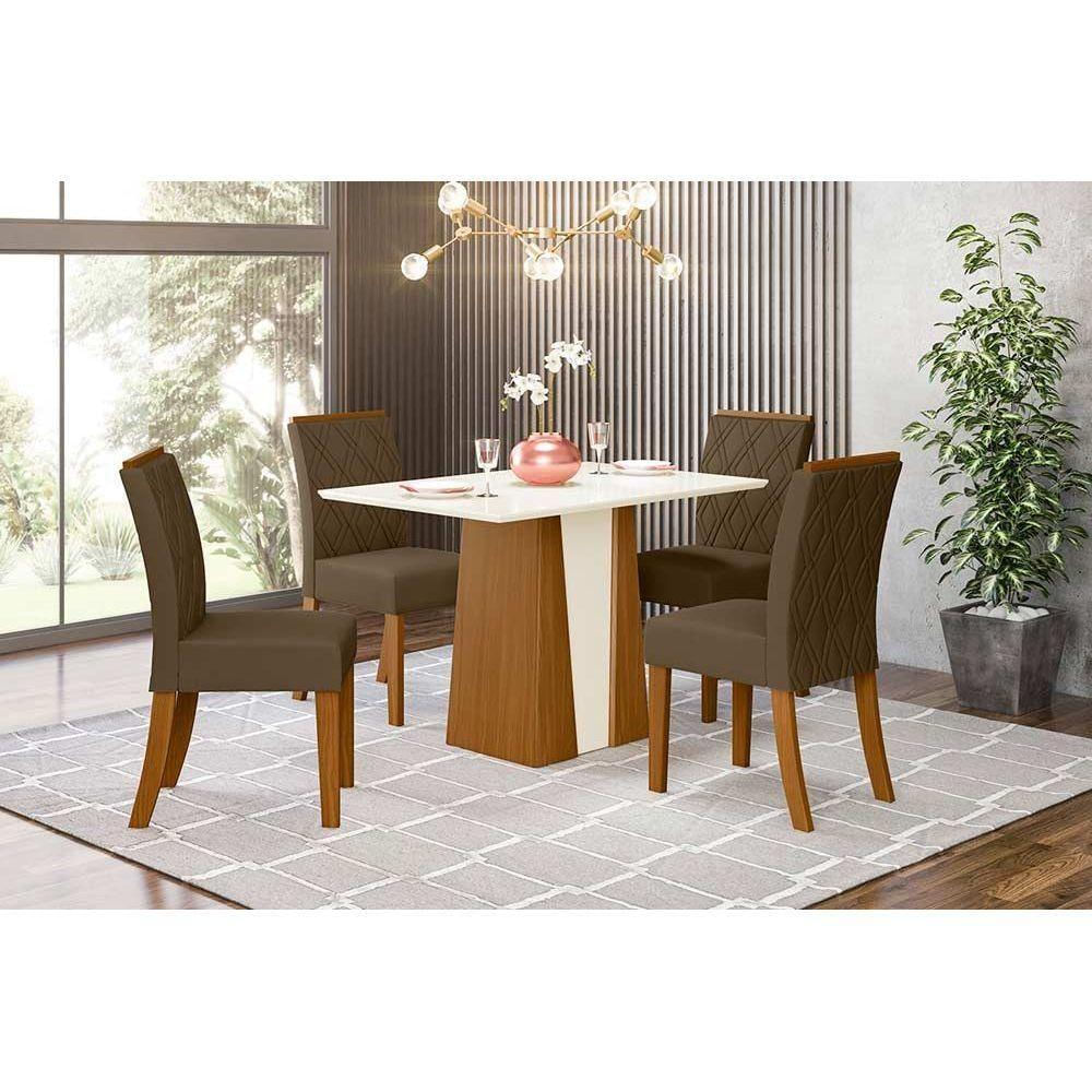 Conjunto Mesa De Cozinha Orus Tampo Madeirado Com Vidro 120x80cm E 4 Cadeiras Vita Nature Suede Light Bege Henn