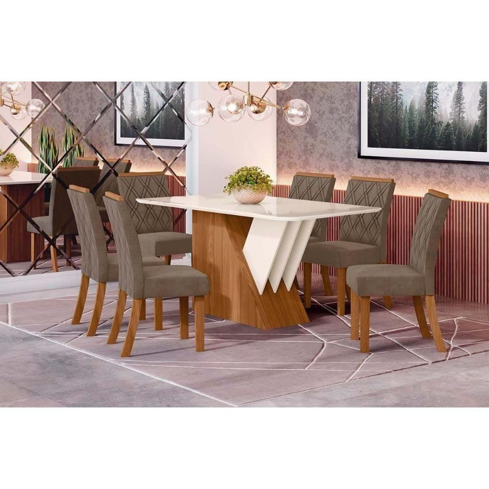 Conjunto Mesa De Cozinha Epic Tampo Madeirado Com Vidro 160x90cm E 6 Cadeiras Vita Nature Suede Light Bege Henn