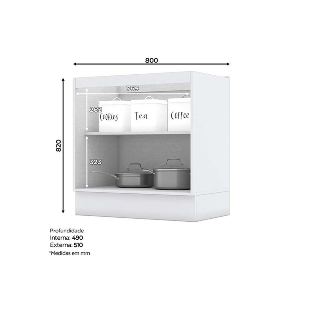 Módulo Cozinha Americana Balcão Com Tampo Com 2 Portas 80cm Branco2 Aéreos + 1 Balcão + 1 Complemento