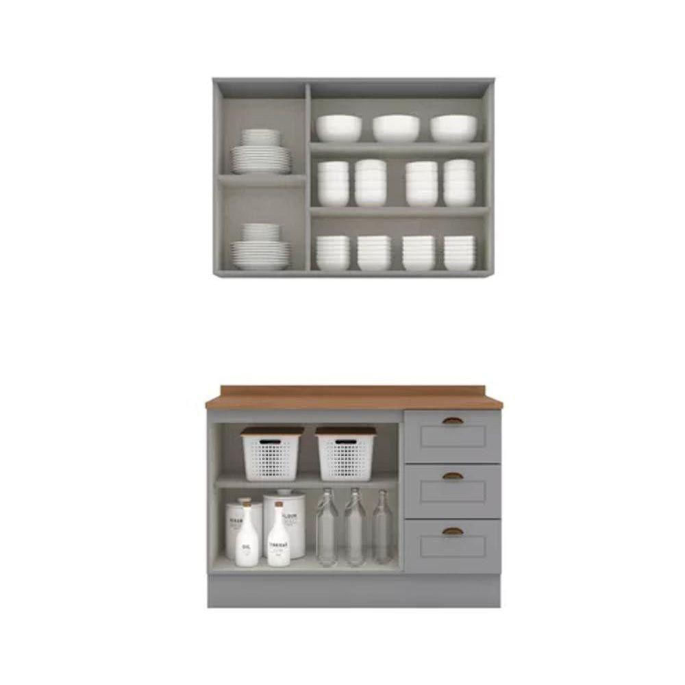 Kit Cozinha Modulada 3 Peças Americana 1 Aéreo + 1 Balcão + Complemento Cz121 Cinza