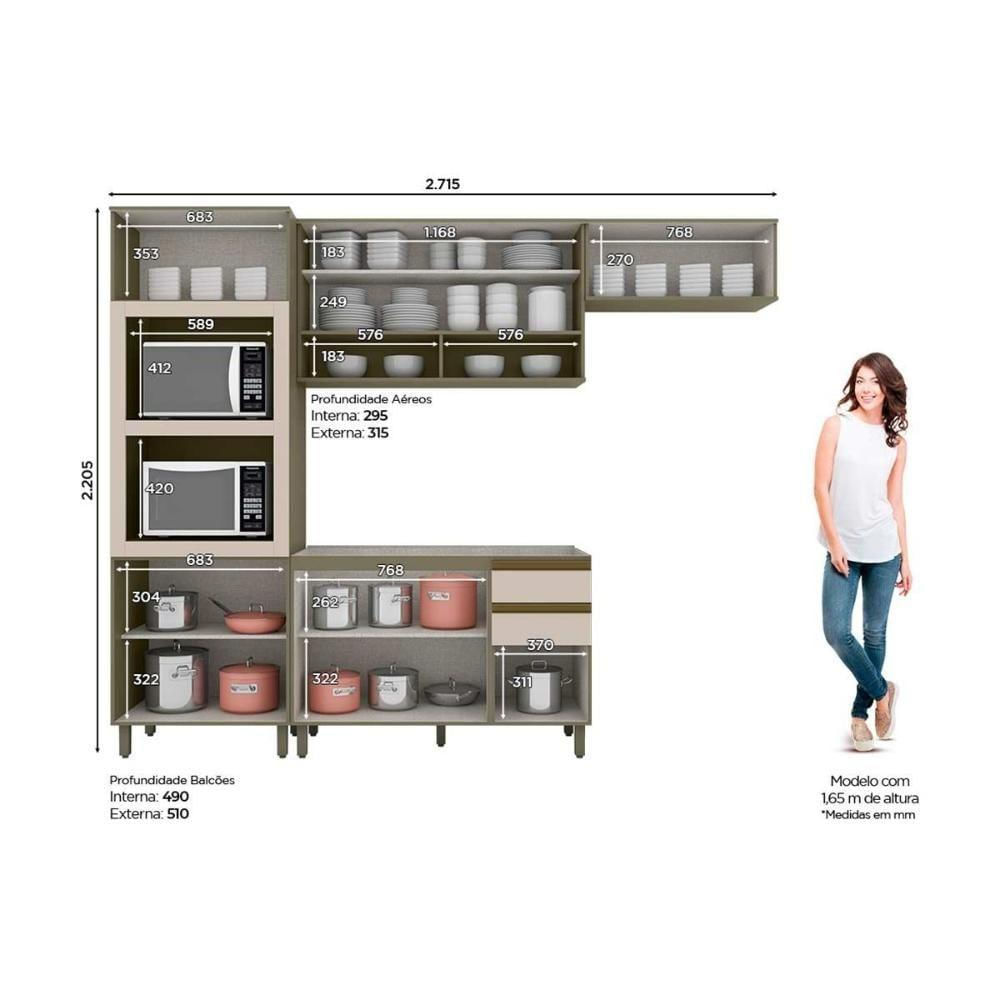 Cozinha Modulada Connect 5 Peças 2 Aéreos + 1 Balcão + 1 Paneleiro + 1 Complemento C6p25 Duna Cristal2 Aéreos + 1 Balcão + 1 Complemento